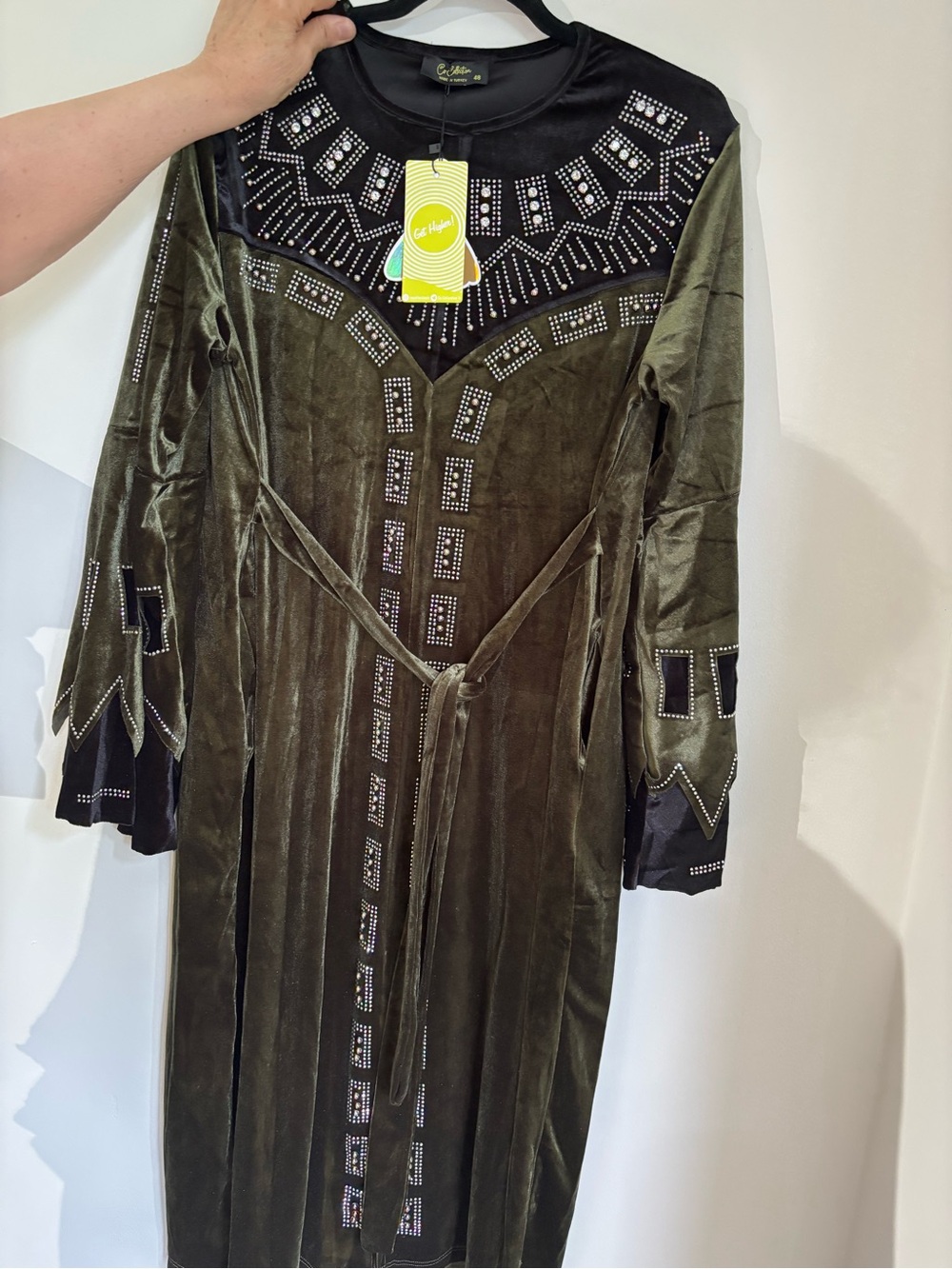 Olive Green Embellished Velvet Dress